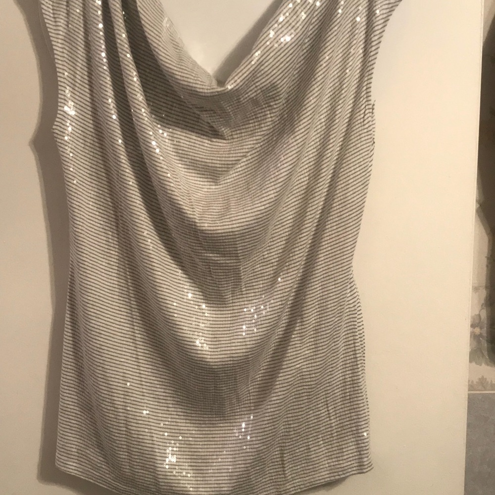 White and gray striped sequin drape neck shirt